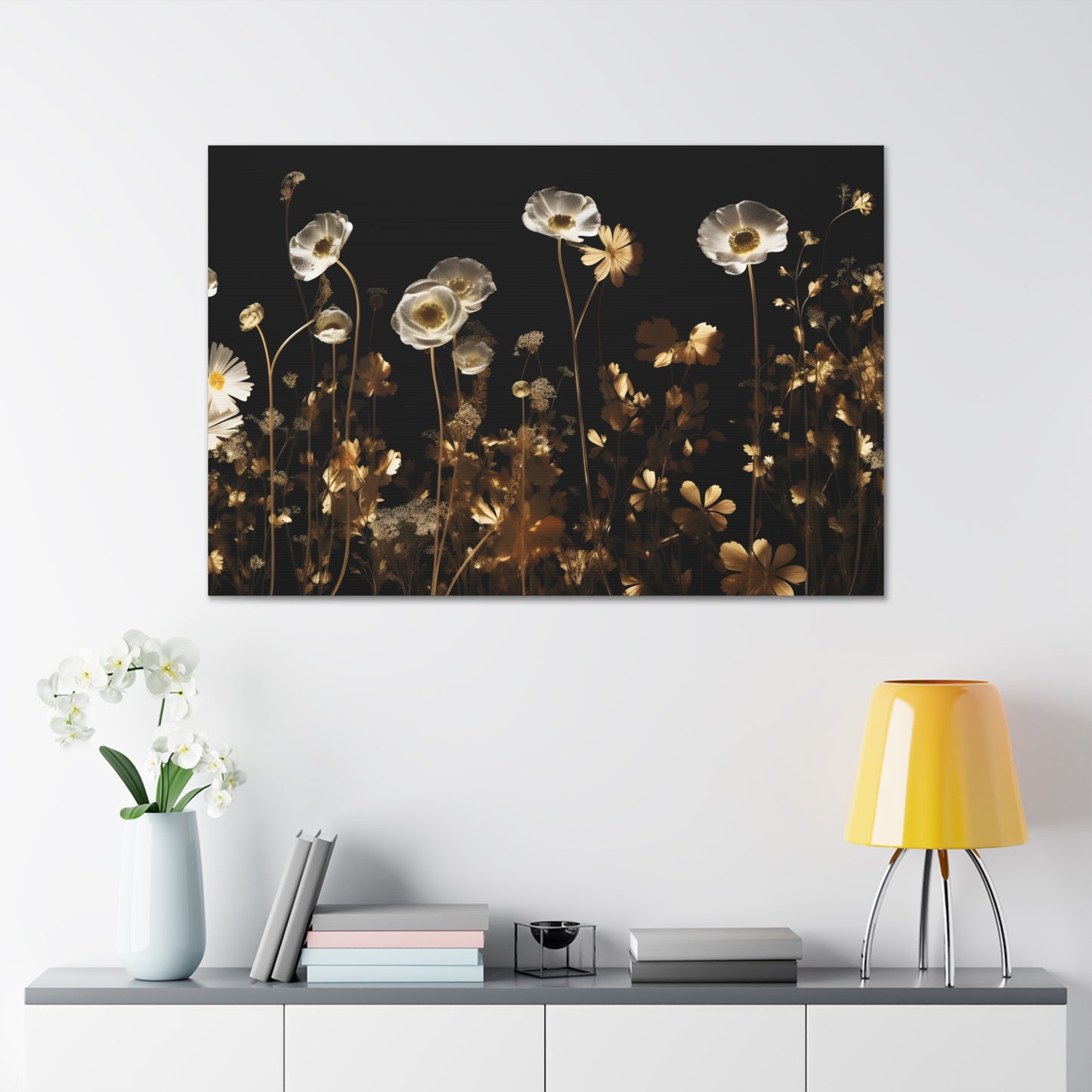 White & Gold Flowers On Black